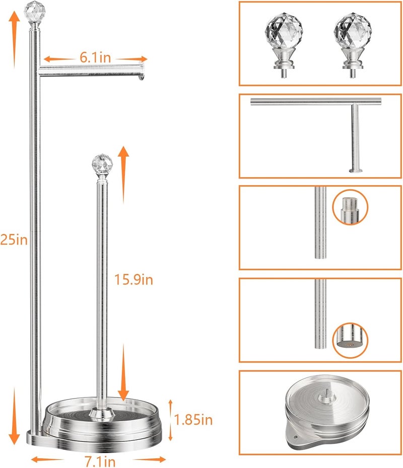 Kasunto Toilet Paper Holder for Bathroom, Heavy Weighted Metal Free Standing Toilet Paper Holder Stand with Crystal Ball, Toilet Paper Roll Stand for Bathroom Accessories - Image 1
